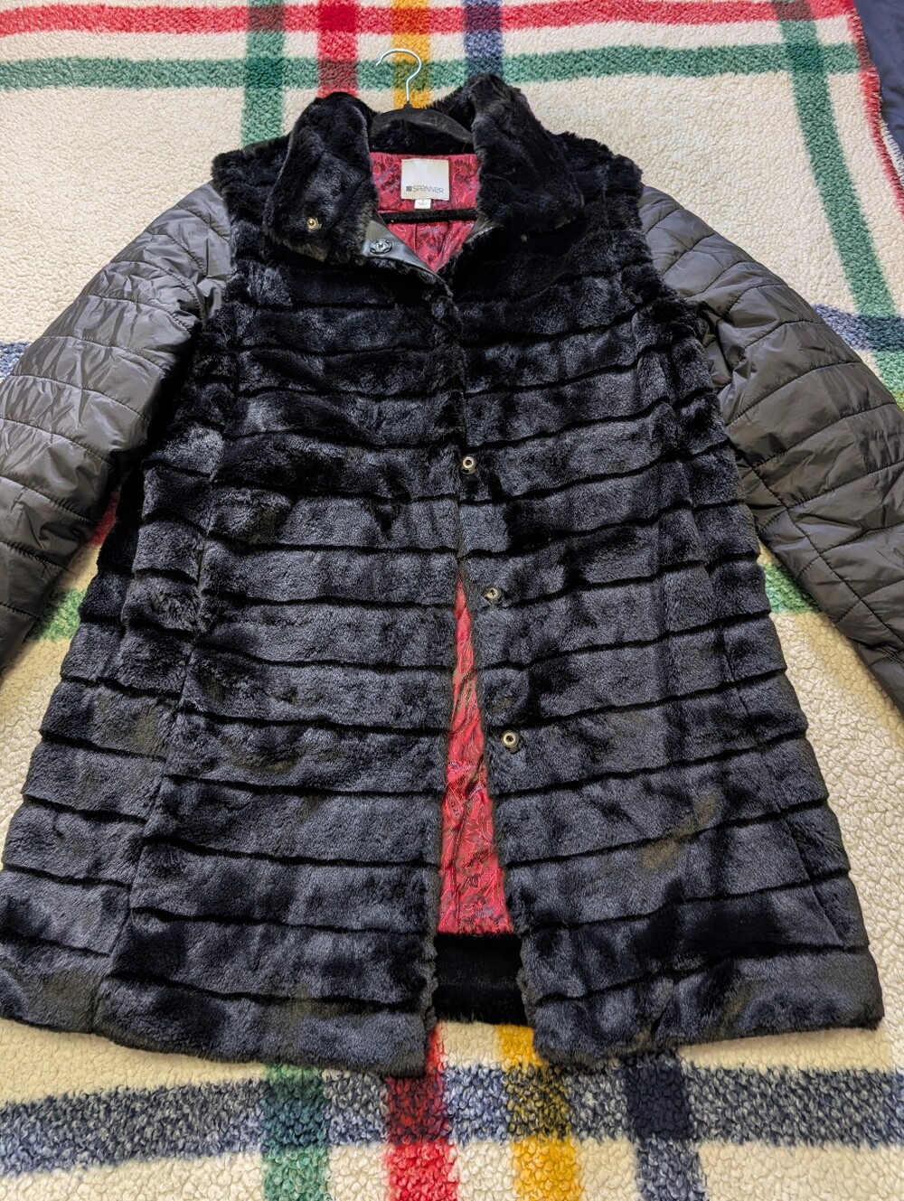 SPANNER Black Faux Fur Panel Coat with Quilted Sleeves